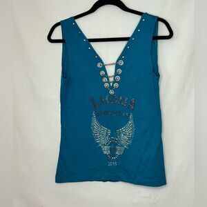Laconia Bike rally 2015 teal v neck chain linked tank top Size XL